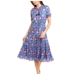 J McLaughlin Maxi Dress Chessie Sz Small Tiered Silk Blend Blue Cottagecore